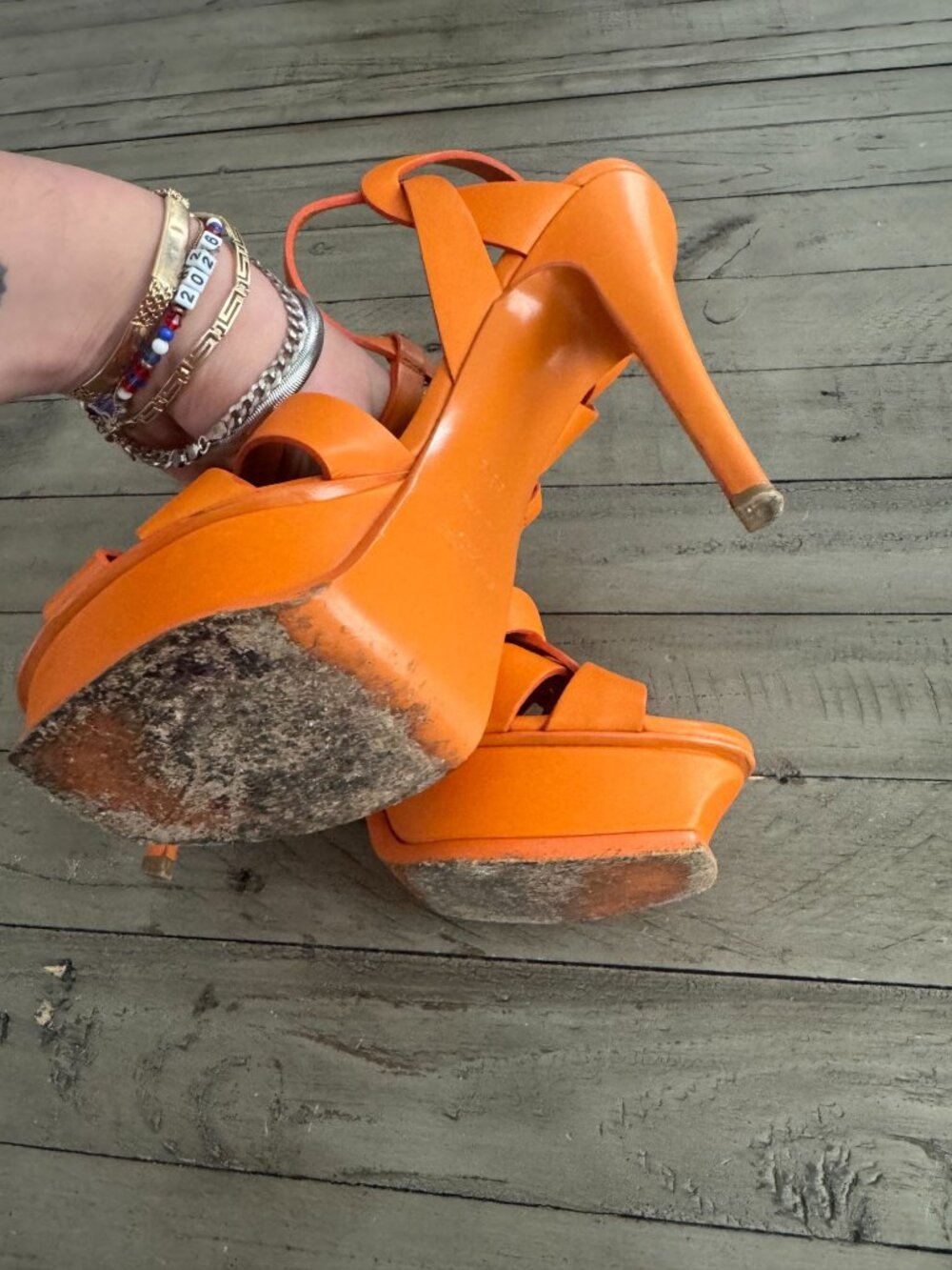 YSL Saint Laurent Paris Orange Leather Tribute Platform Sandals Heels Size 38.5 - Picture 8 of 8